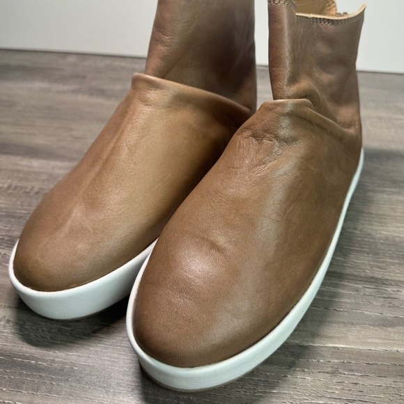 Beek Tan Leather Slouchy Ankle Boots White Platform Back Zip Womens 7 - Picture 10 of 11